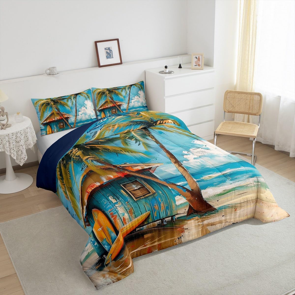 Erosebridal Surfboard Surf Queen Comforter Set,Surfing Surfer Bedding Sets,Coastal Beach Blue Sea Quilt Bed Set for Kids Girls Boys,Hawaiian Palm Tree Bedroom Decor,2 Pillowcases All Season image 4