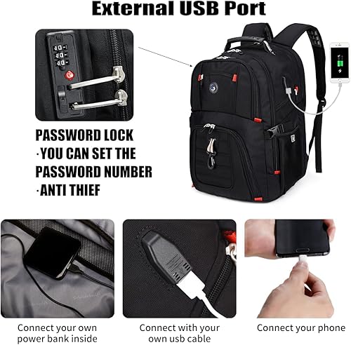 Miniatura 3 de Mochila extra grande para laptop de viaje de 52 L con puerto de carga USB para portátiles de 17 pulgadas para hombres y mujeres