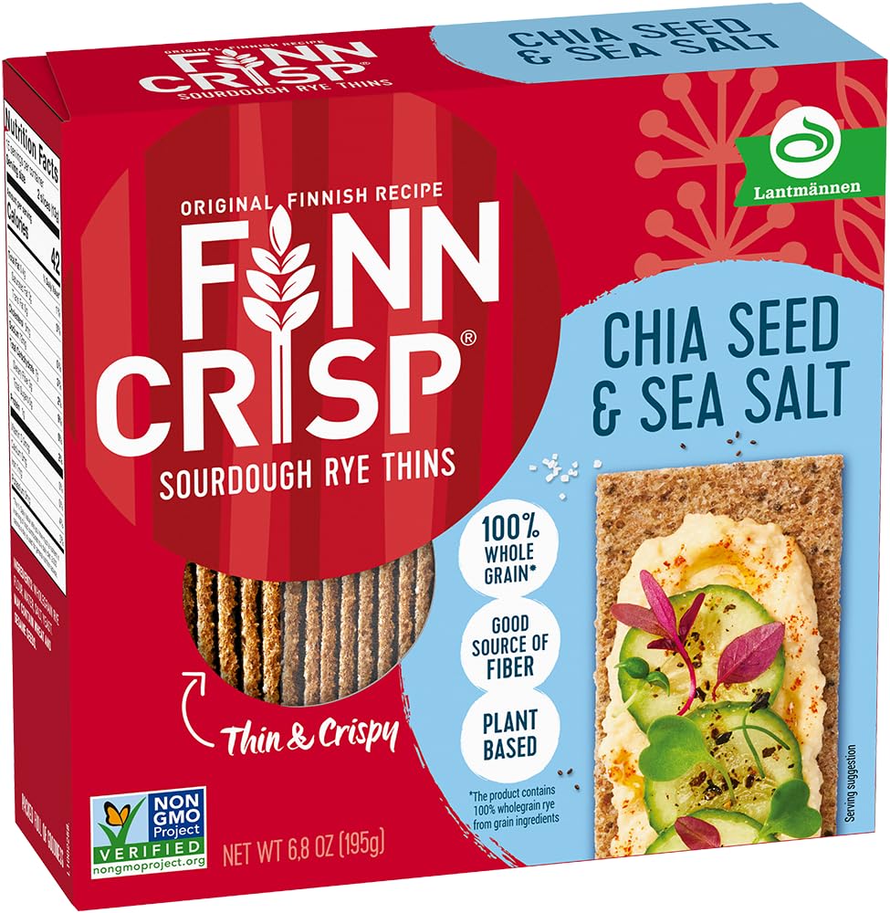 Finn Crisps Chia Seed Rye Crispbread, Thin Crispy Rye Authentic Finnish Sourdough Crispbread Crackers (6.8 oz Box)