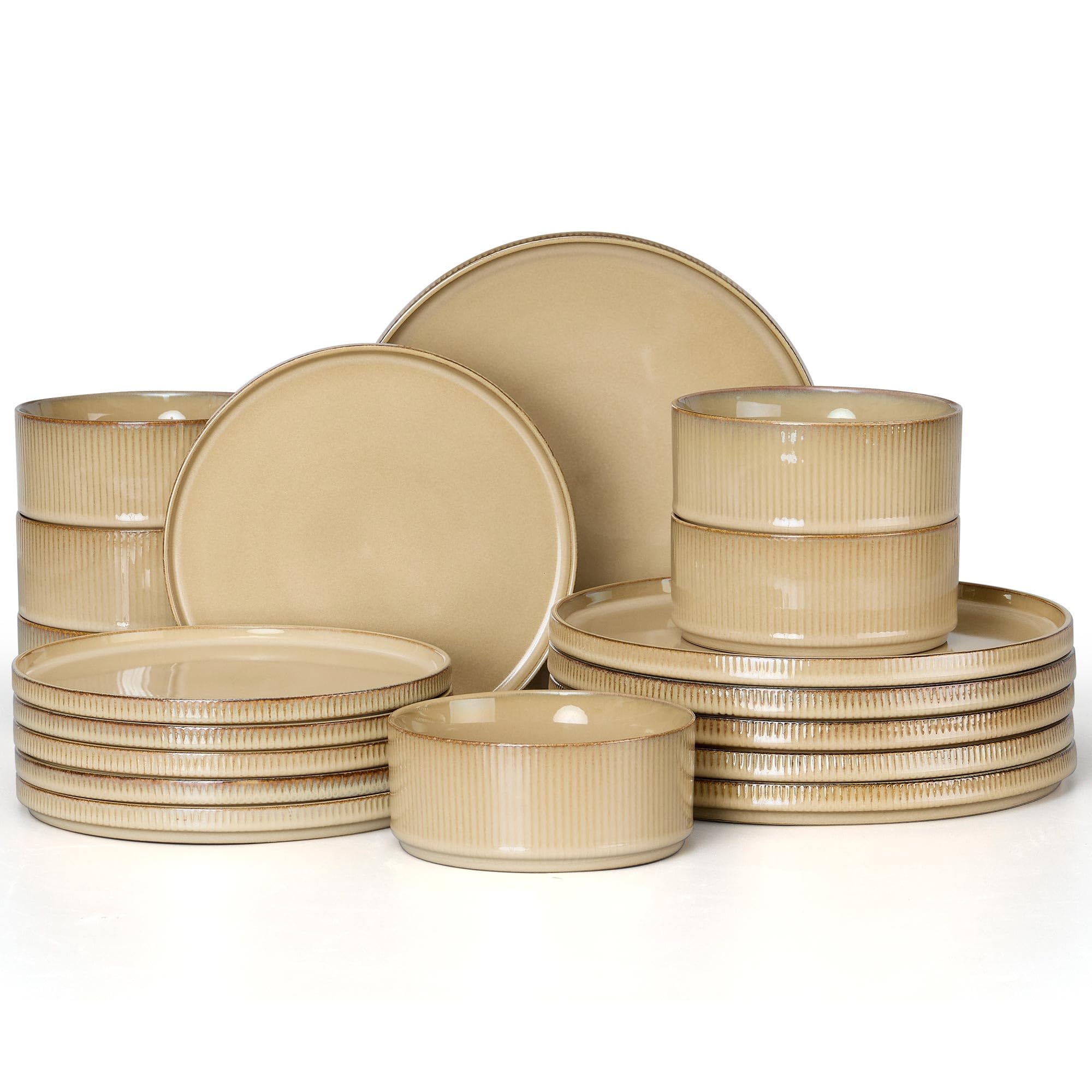 E-far Stoneware Dinnerware Sets, 18-Pieces Modern Plates and Bowls Sets, Kitchen Dinning Porcelain Dishes Set for 6, Chip &amp; Scratch Resistant, Dishwasher &amp; Microwave Safe, Caramel Khaki
