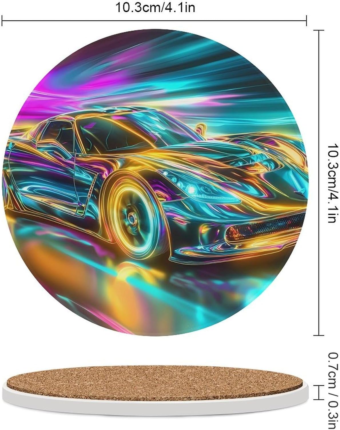 Colorful Glowing Racing Car Funny Round Ceramic Coasters for Drink Absorbent Cup Holders Tabletop Protection