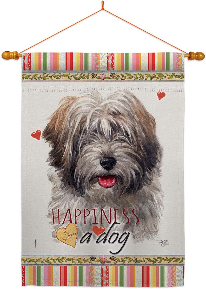 Tibetan Terrier Happiness House Flag Dowel Set Animals Dog Puppy Spoiled Paw Canine Fur Pet Nature Farm Animal Creature Small Decorative Gift Yard Banner Made In USA 28 X 40