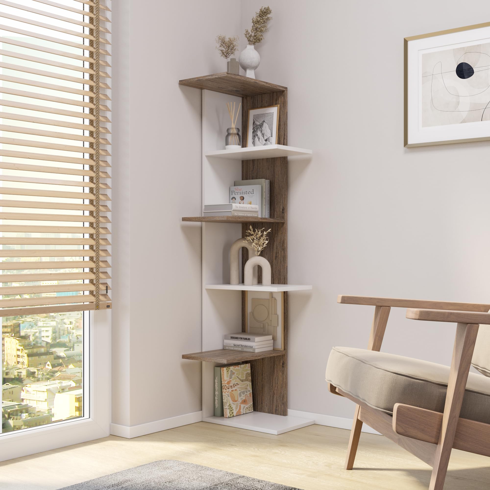 URBNLIVING Wooden Modern Free Standing Display Corner Bookcase (White+Oak, 5 Tier)