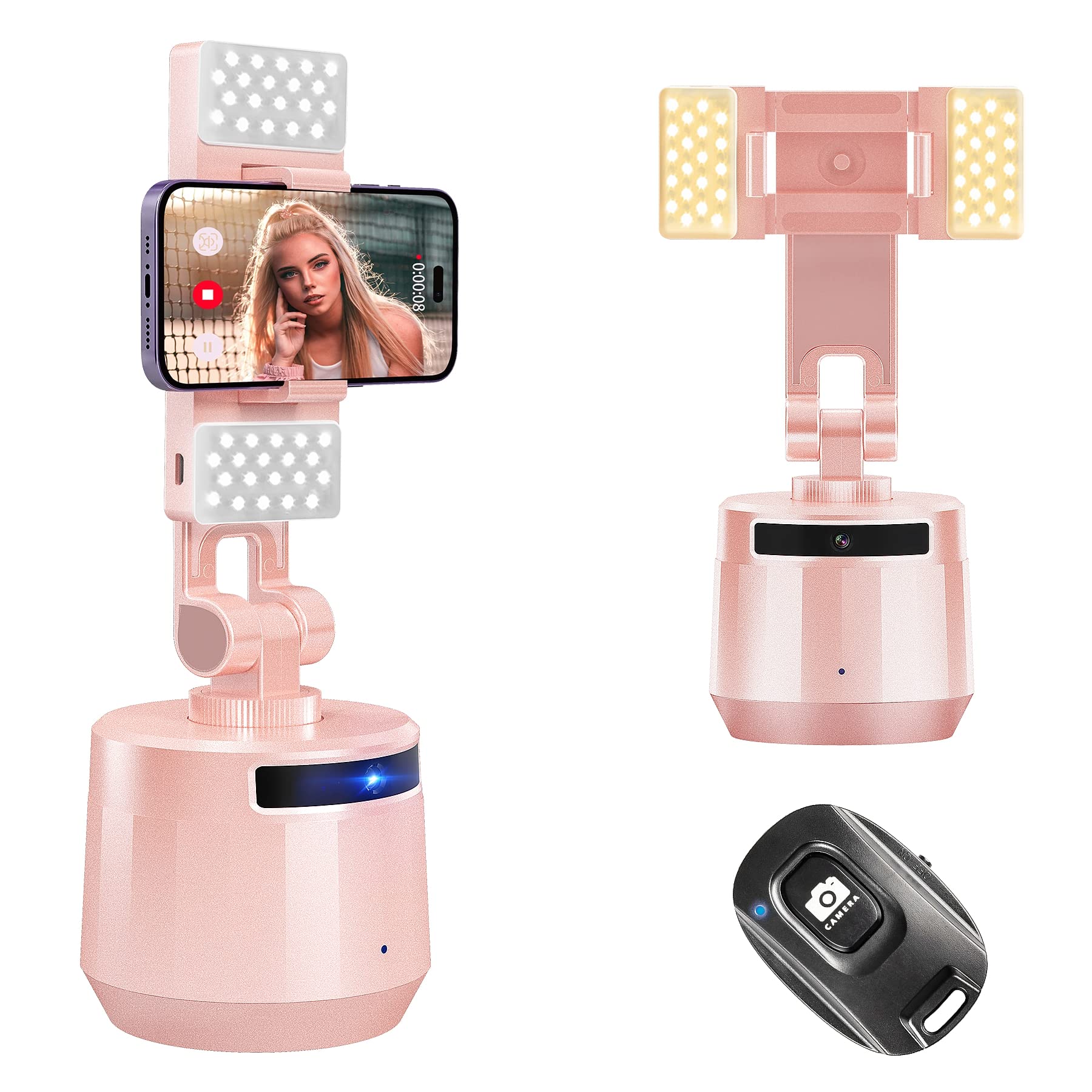 Auto Face Tracking Tripod 360° Rotation, No App, Auto Tracking Phone Holder with Fill Lights, Face Body Rotating Gesture Control for TIK Tok, Vlog, Live Streaming Video (Pink)