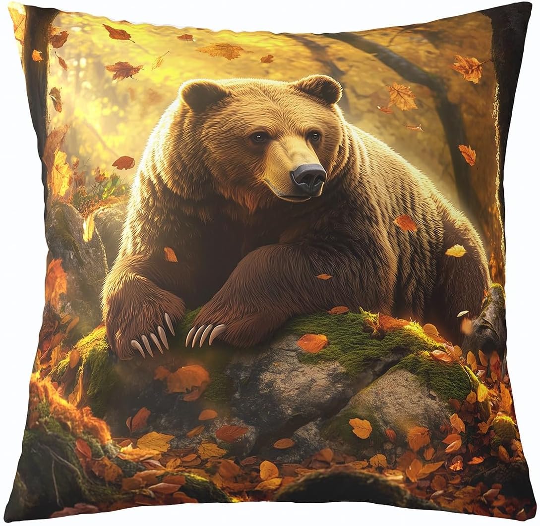 Castle Fairy 3D Bear Pillow Cover for Sofa Couch Chair Hunting Theme Animal Throw Pillow Cover Fall Maple Leaves Outdoor Pillow Cover Nature Woodland Trees Cushion Cover 24"x24"