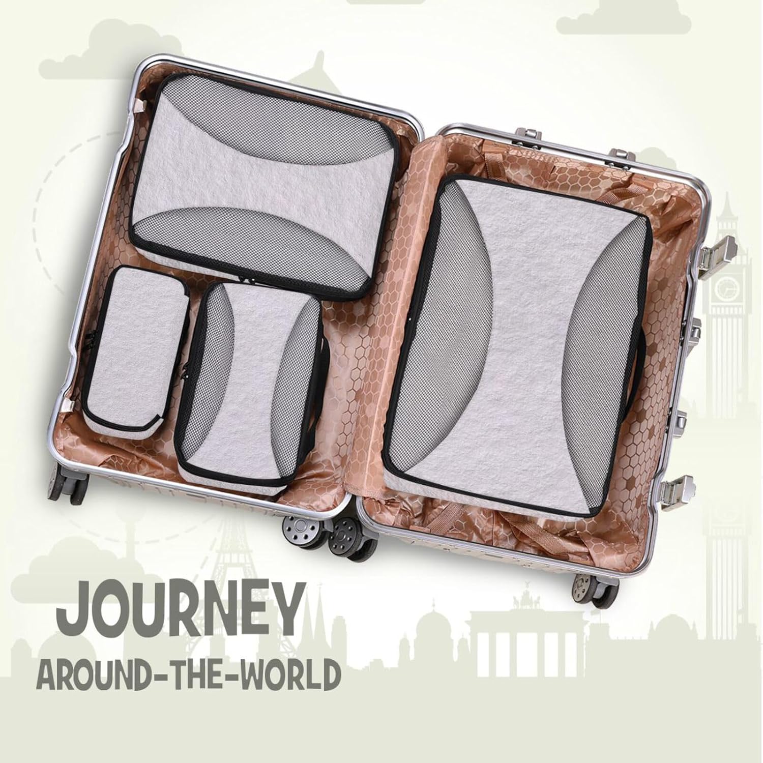 Light Grey Linen Texture 4 Pcs set organizers and storage Mesh Travel Essentials expandable packing cubes