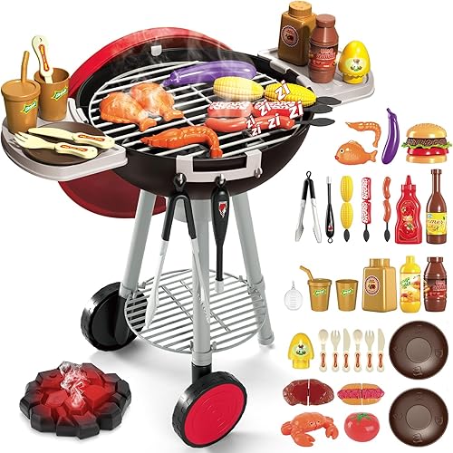 deAO Juego de parrilla para barbacoa para niños, juego de juguetes de cocina con humo, luz, accesorios de sonido, juguete de cocina para interiores