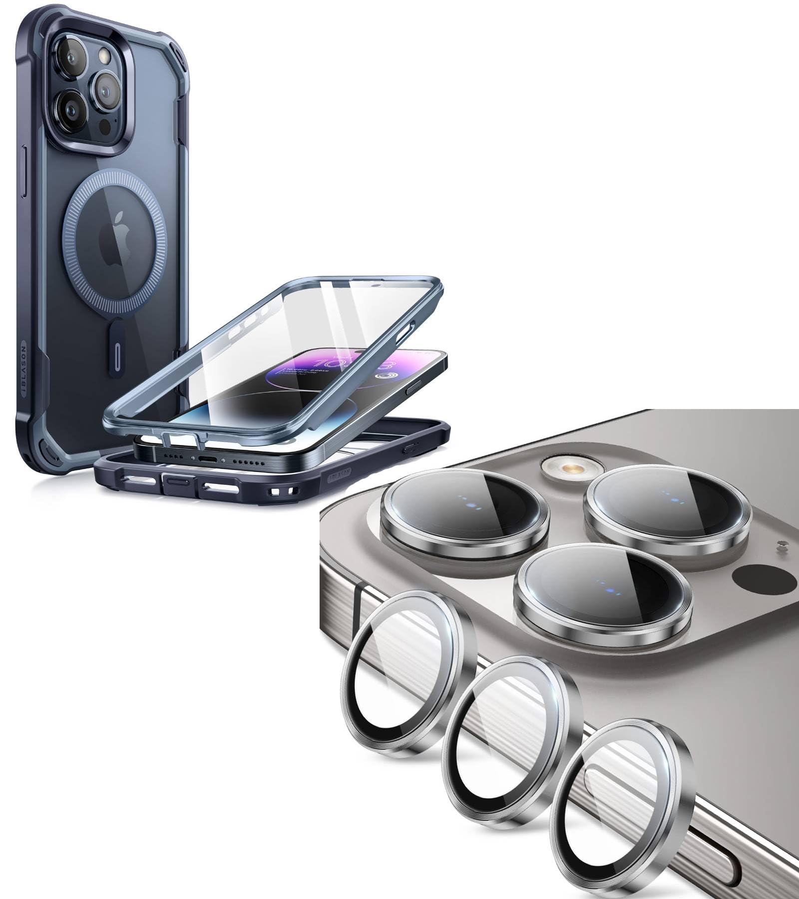 i-Blason Bundle for iPhone 15 Pro Max Case & 2 Set of Phone 15 Pro Max Camera Protector, Navy