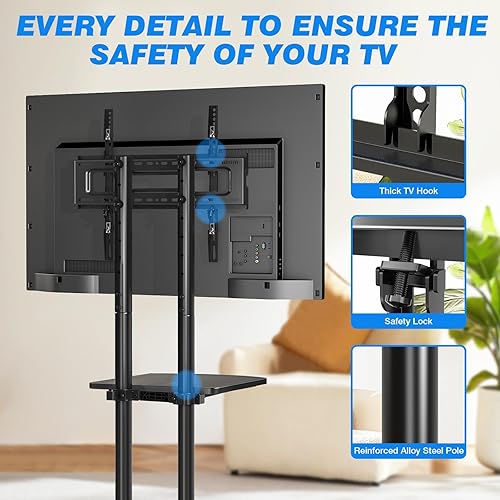 Miniatura 5 de Rfiver Soporte de TV rodante con estante para laptop, soporte de TV móvil con ruedas mejoradas para televisores de 32 a 75 pulgadas, carrito de TV