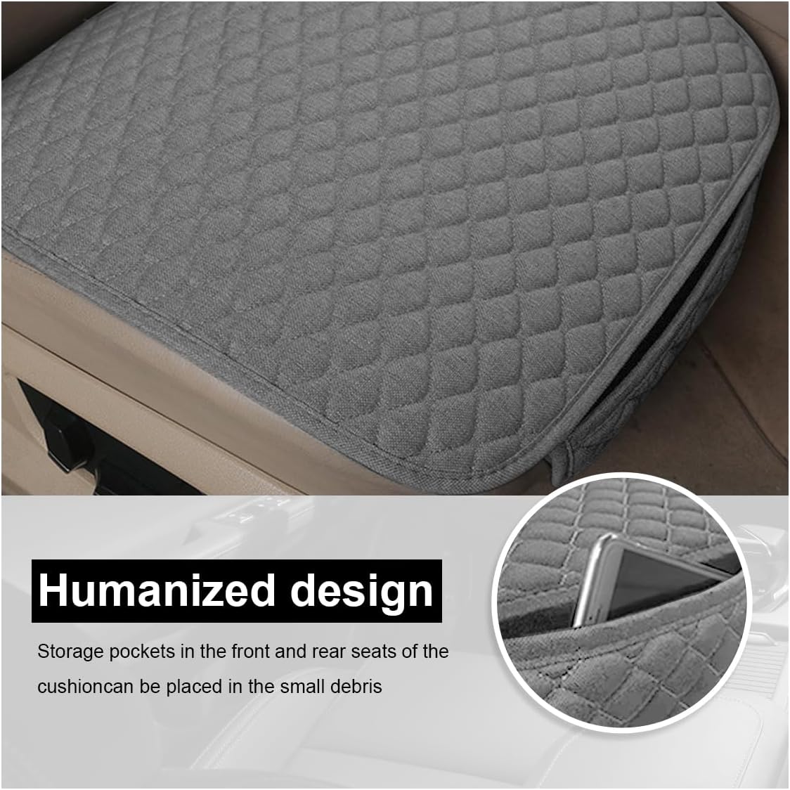 Car Seat Cover, Linen Front Seat Bottom Protector with Storage Pocket, Breathable Comfort Car Cushion Pad, Universal Automotive Interior Accessories for Most Vehicles (Grey) image 4