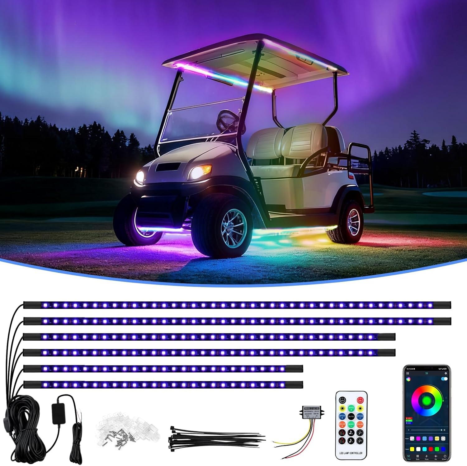 iLSKW Golf Cart Underglow LED Light Strip 6pcs, Golf Cart Underbody Light Kit Remote Control for EZGO Yamaha Club Car 12V-80V Input