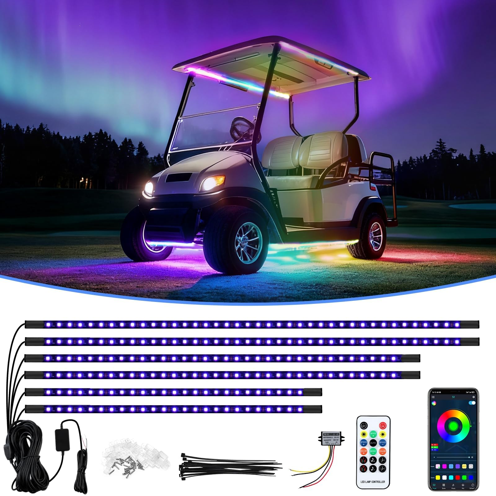 iLSKW Golf Cart Underglow LED Light Strip 6pcs, Golf Cart Underbody Light Kit Remote Control for EZGO Yamaha Club Car 12V-80V Input 6pcs