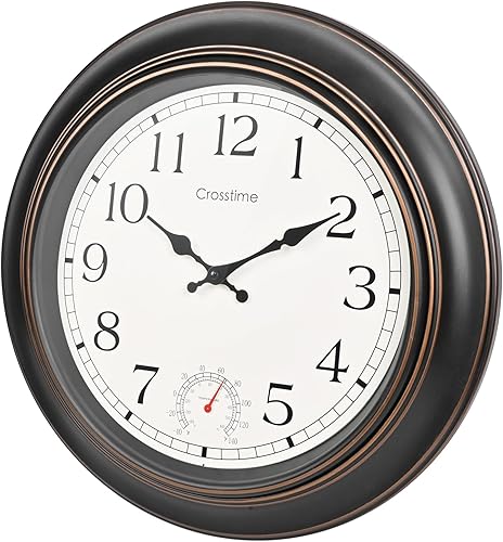 Reloj grande impermeable para exteriores de 18 pulgadas, reloj de pared retro para interiores y exteriores con termómetro para patio, piscina,
