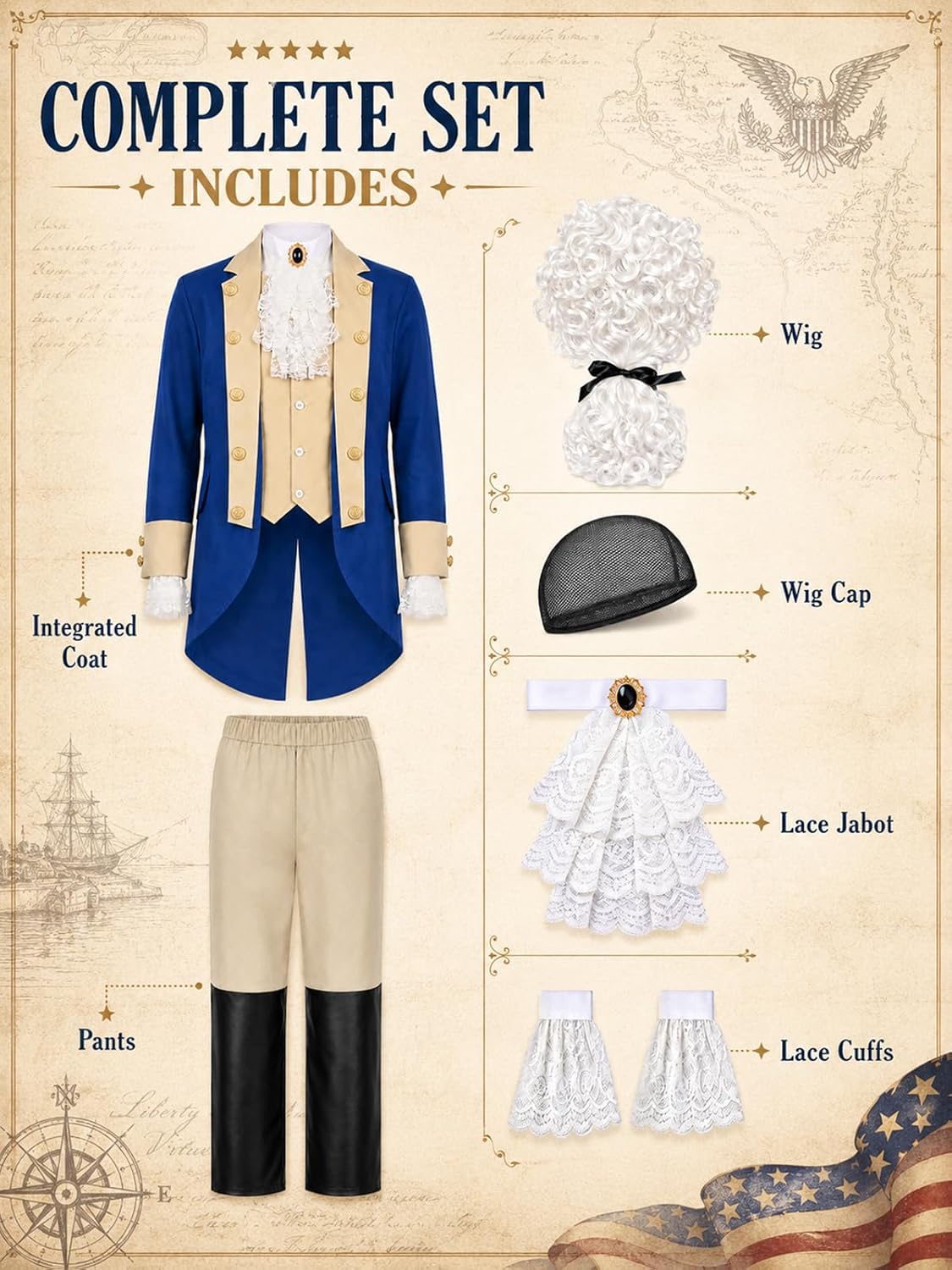 Founding Fathers Costume Set for Men - 7PC Colonial Costume Men with Accessories, Revolutionary War Halloween Outfit
