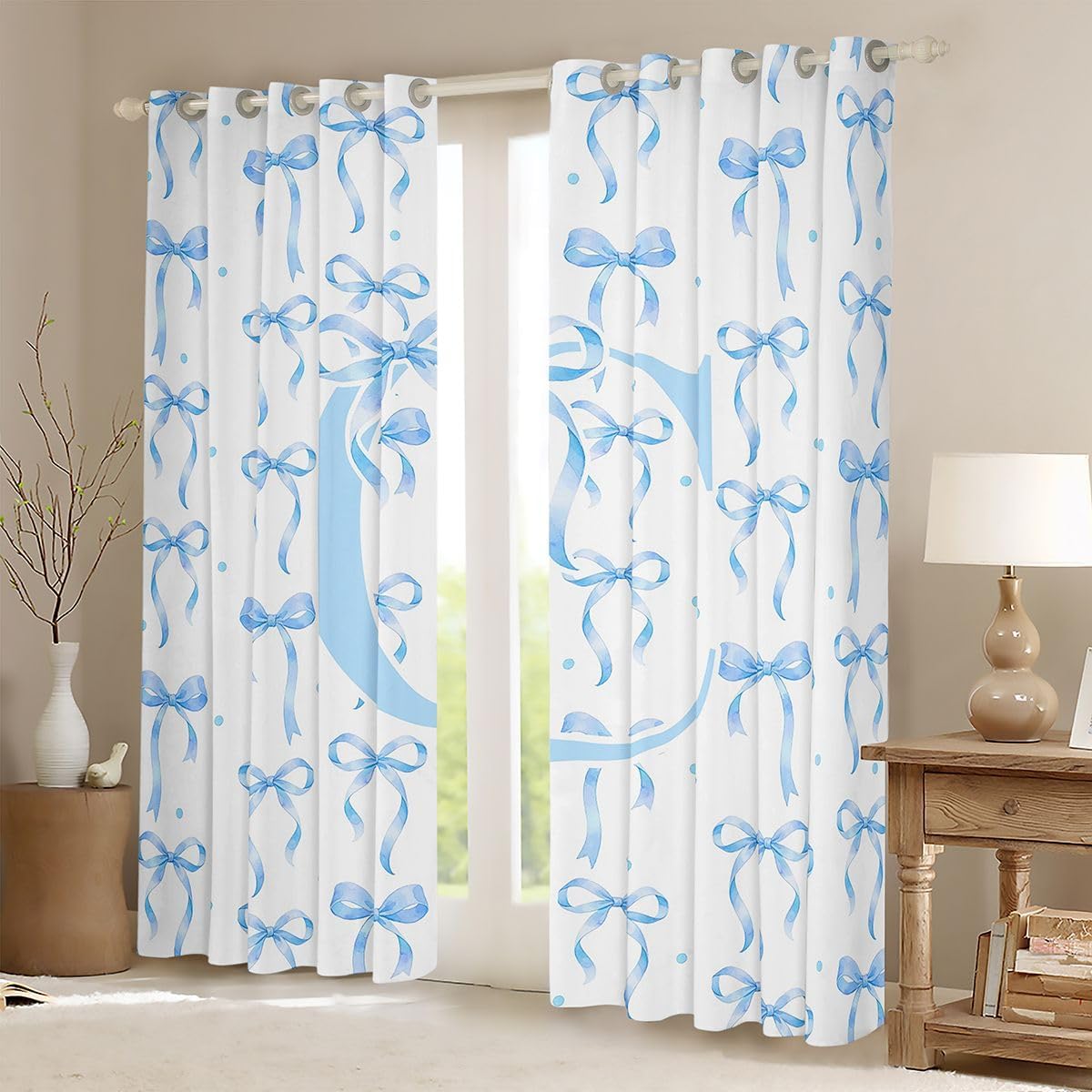 Feelyou Girls Blue Bow Blackout Curtains Letter 'C' Print Darkening Drapes for Bedroom Living Room Decor Girly Design Insulated Shades Coquette Aesthetic Window Treatments, 2 Panels 38 x 45 Inch image 2