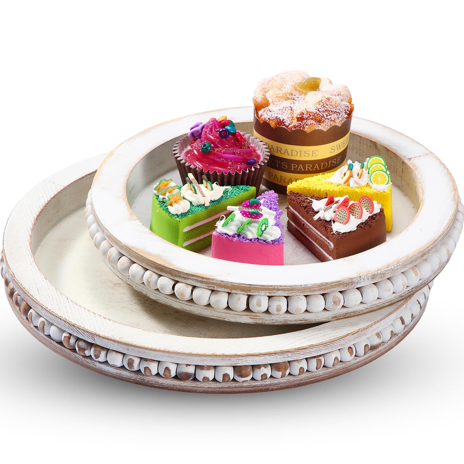 2 Pcs Wooden Round Decorative Tray 12 Inch 10 Inch Coffee Table Centerpiece Serving Tray Wood Beaded Tray Whitewashed Table Centerpiece for Kitchen Farmhouse Living Room Decor
