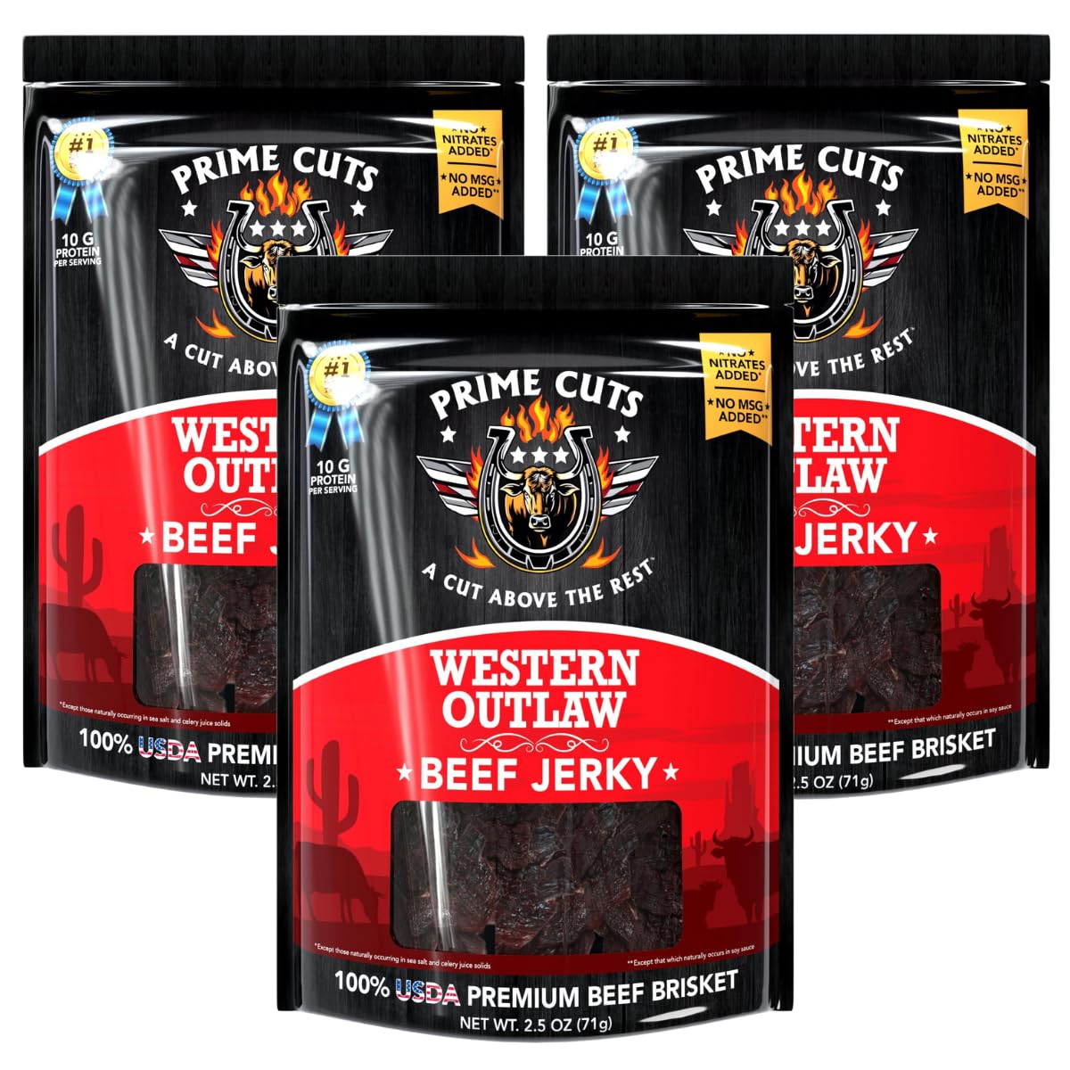 Prime Cuts Western Outlaw Beef Jerky | USDA Prime Brisket | Smoky Cowboy-Style Flavor | High-Protein, Low-Fat Snack | Crafted for Adventure | Authentic Taste of the American Frontier