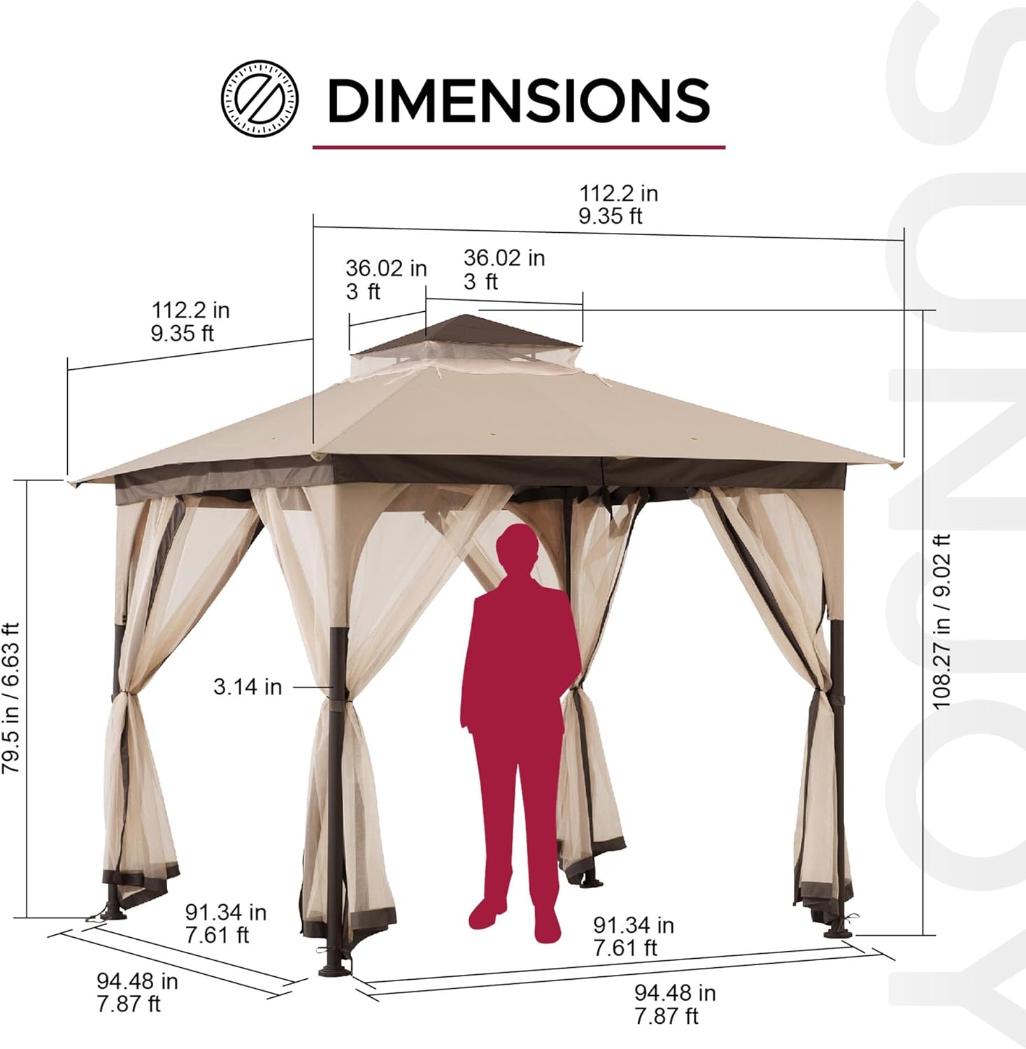 Close-up of the gazebo's base plate with an anchoring kit, securing it to the ground.