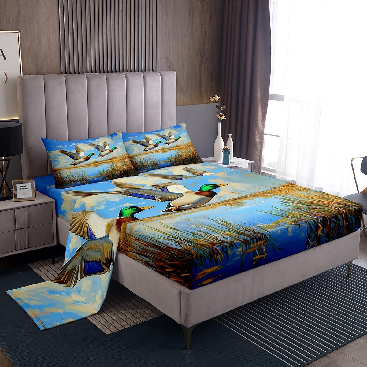 Homewish Wild Mallard Duck - Juego de sábanas para cama de matrimonio, caza y pesca, ropa de cama rústica para cabaña, juego de sábanas de animales salvajes, 4 piezas