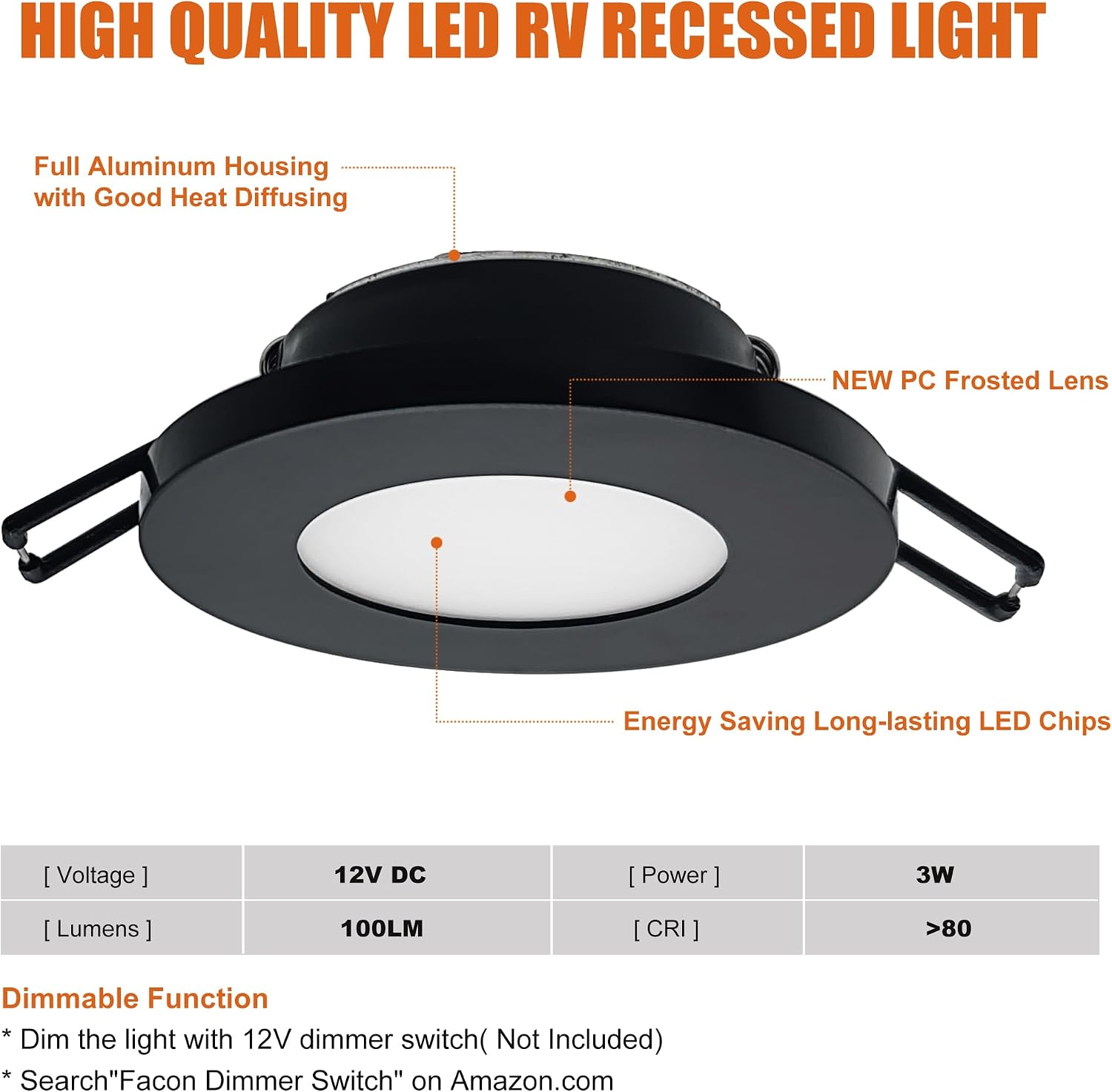 Facon 3Inch 12V LED RV Puck Light, Super Slim Recessed Mount Down Light, 12Volts Interior Light for RV Motor-Homes Camper Caravan Trailer Boat (Pack of 6)