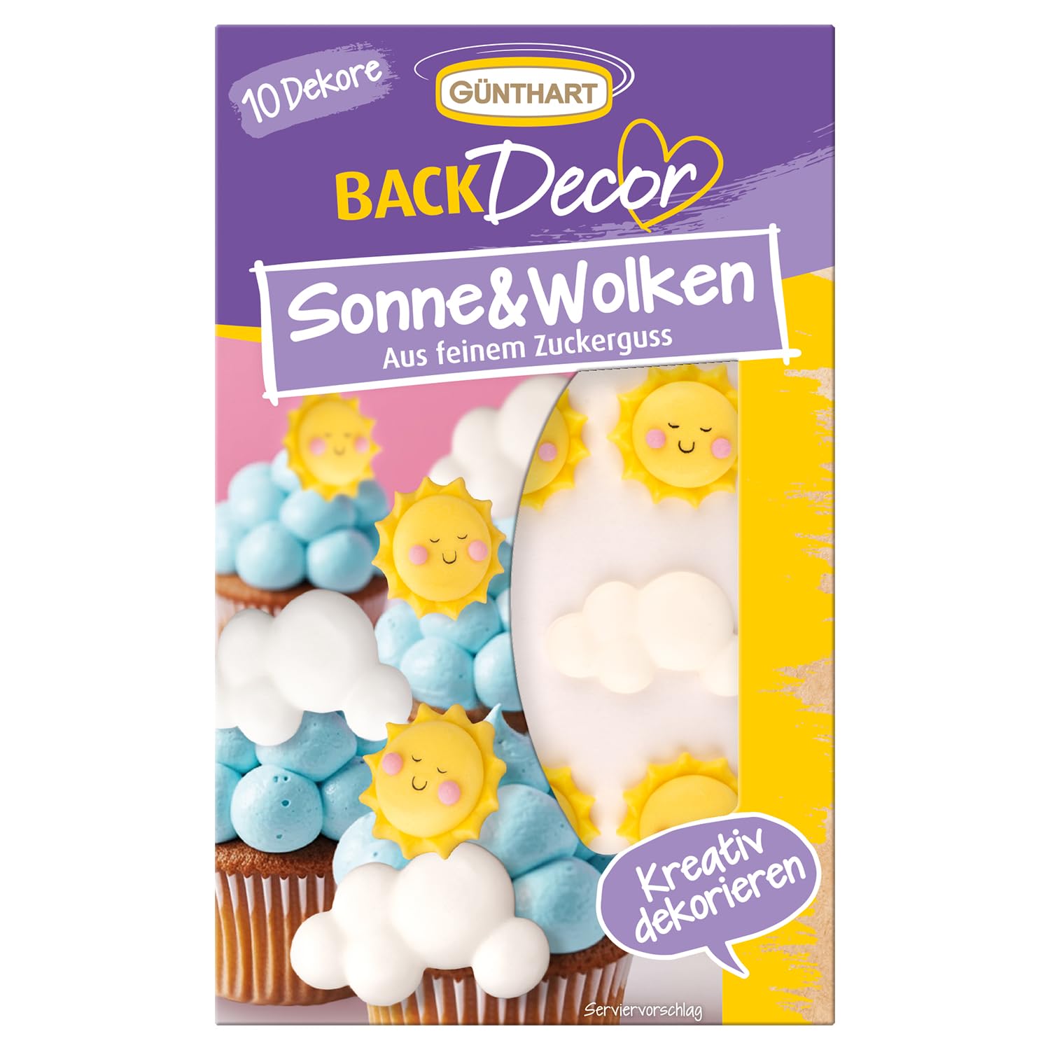 Günthart BackDecor VKE 15 x 10 Stück Sonne und Wolken aus Zucker, essbar, mit lustigen Aufdruck, 1er Set (150 Stück)