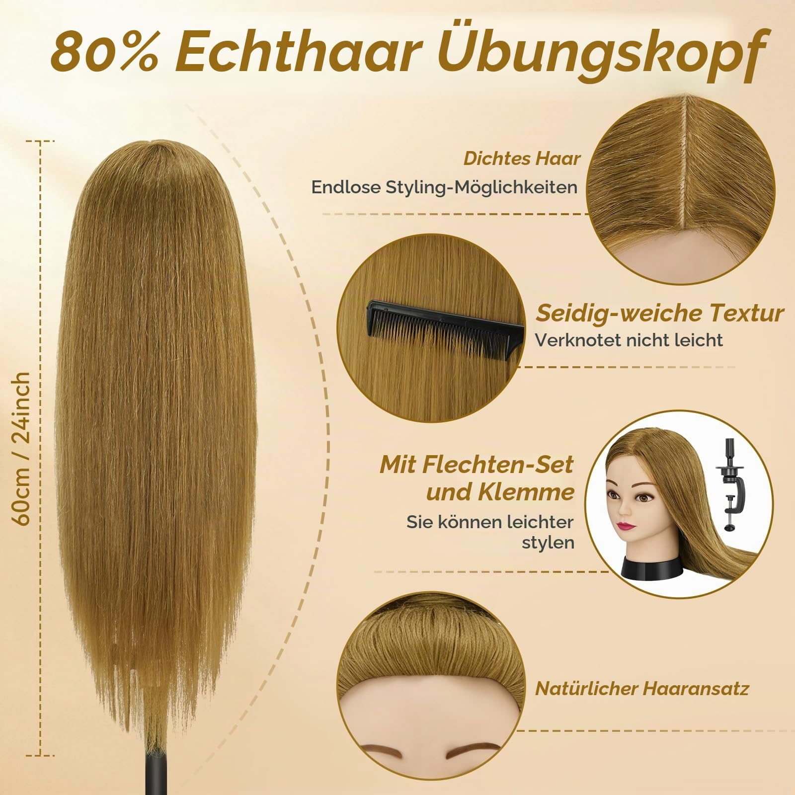 Frisierkopf,80% Puppenkopf Echthaar Blonden Haare,24 Zoll Puppe Übungskopf zum Frisieren,Trainingskopf Friseur Frisuren Puppe mit Tischklemme & Flechtset,Styling Mannequin Kopf für Friseur