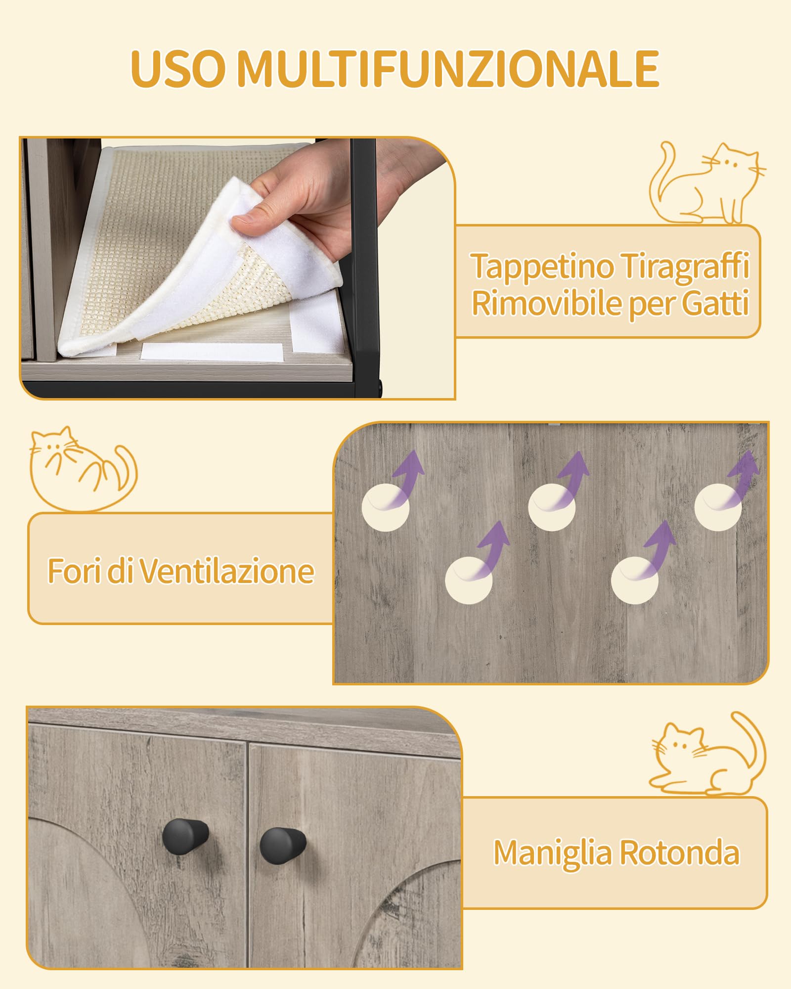 Hzuaneri Mobile Lettiera per Gatti, Cuccia per Gatti 4 in 1 Con Grande Piattaforma, Cuccia per Gatto Con Tappetino Antigraffio in Sisal, Pali, Scale E Pompon, Cuscini Lavabili, Grigio CB81005B