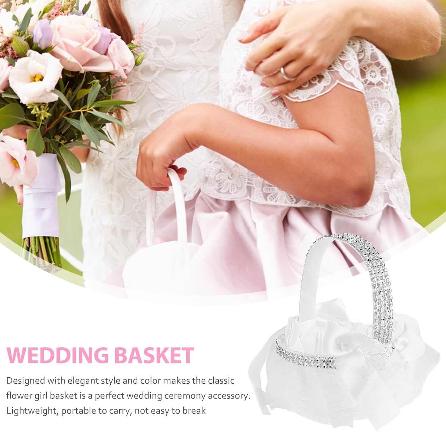Flower Girl Basket Small Lace Wicker Wedding Basket with Handle for Ceremony and Wedding Accessories