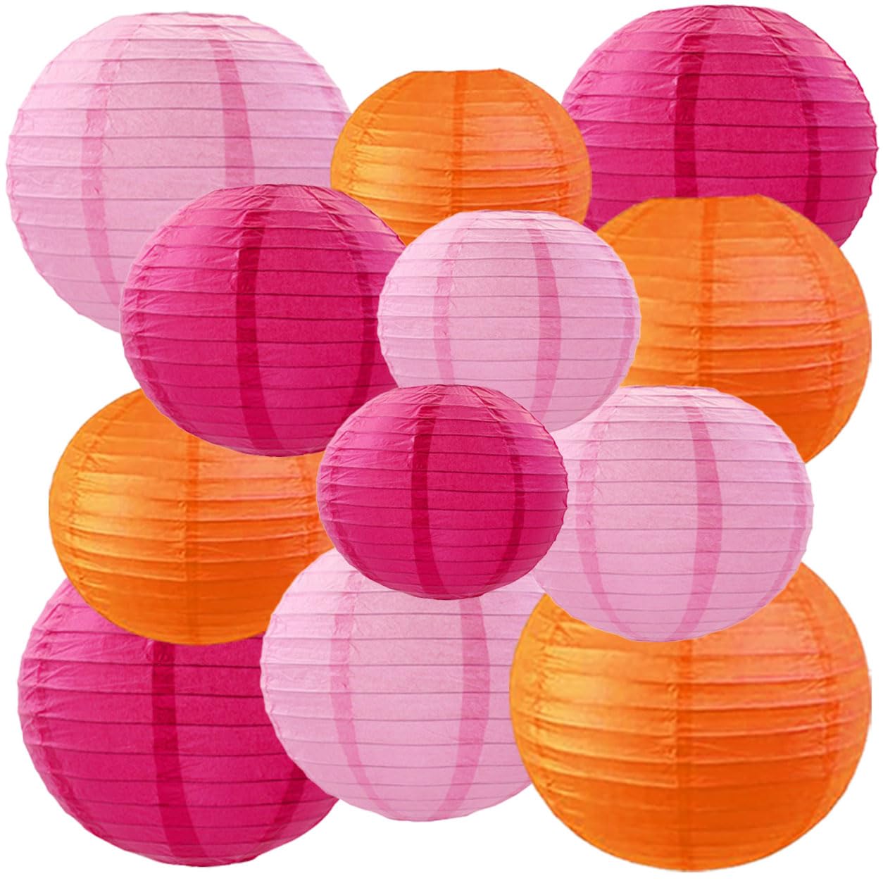 Hot Pink Orange Pink Hanging Paper Lanterns, Indoor Outdoor Decor for Hen Party, Summer Carnival, Birthday & Boho Home Decor, 4/6/8/10 Inch, 12Pcs
