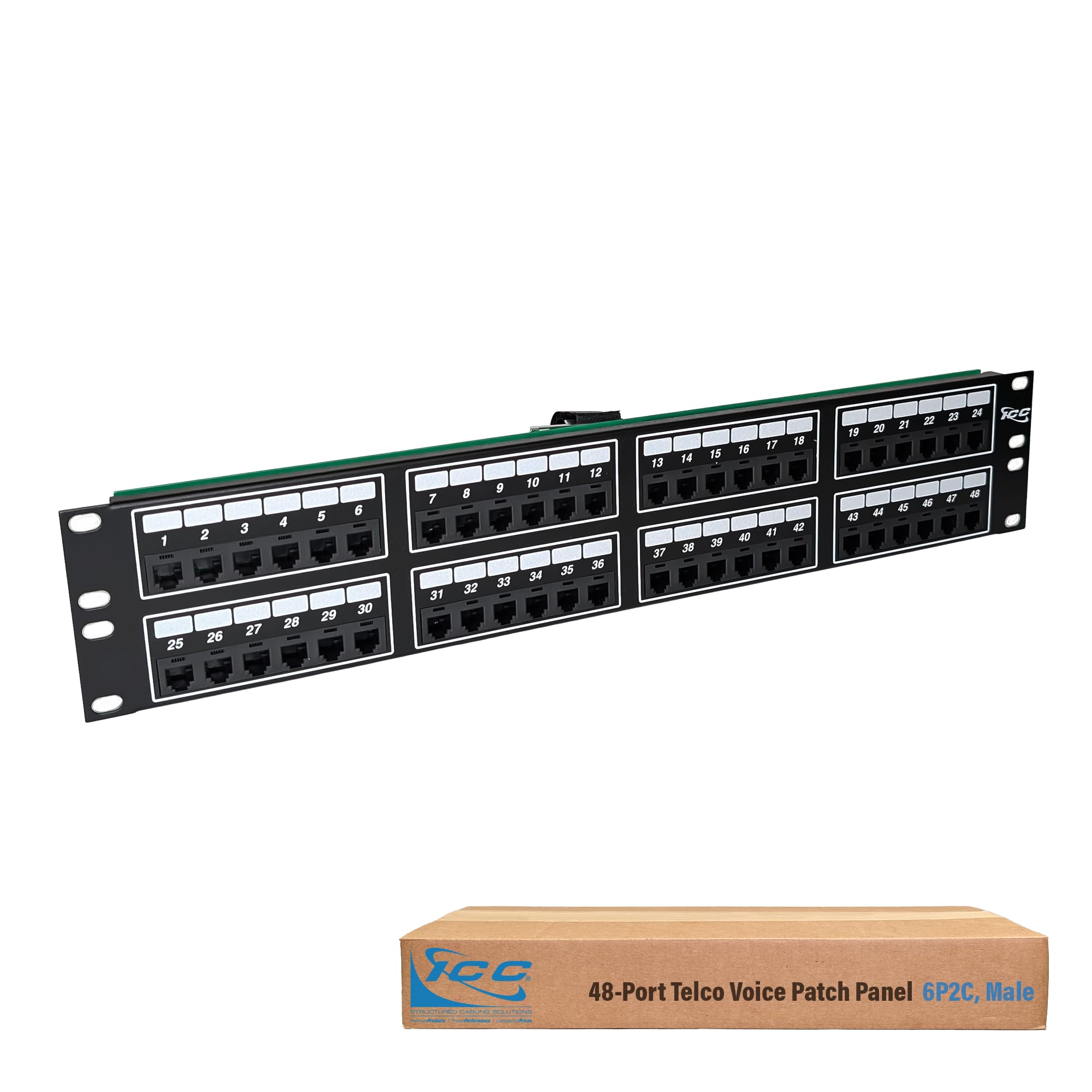 ICC Voice 6P2C Telco Patch Panel with 48 Ports, Rear Male Telco/Amphenol Connector, 2 RMS, 19-Inch Rack-Mounted Patch Panel for Telephone, PBX, IP