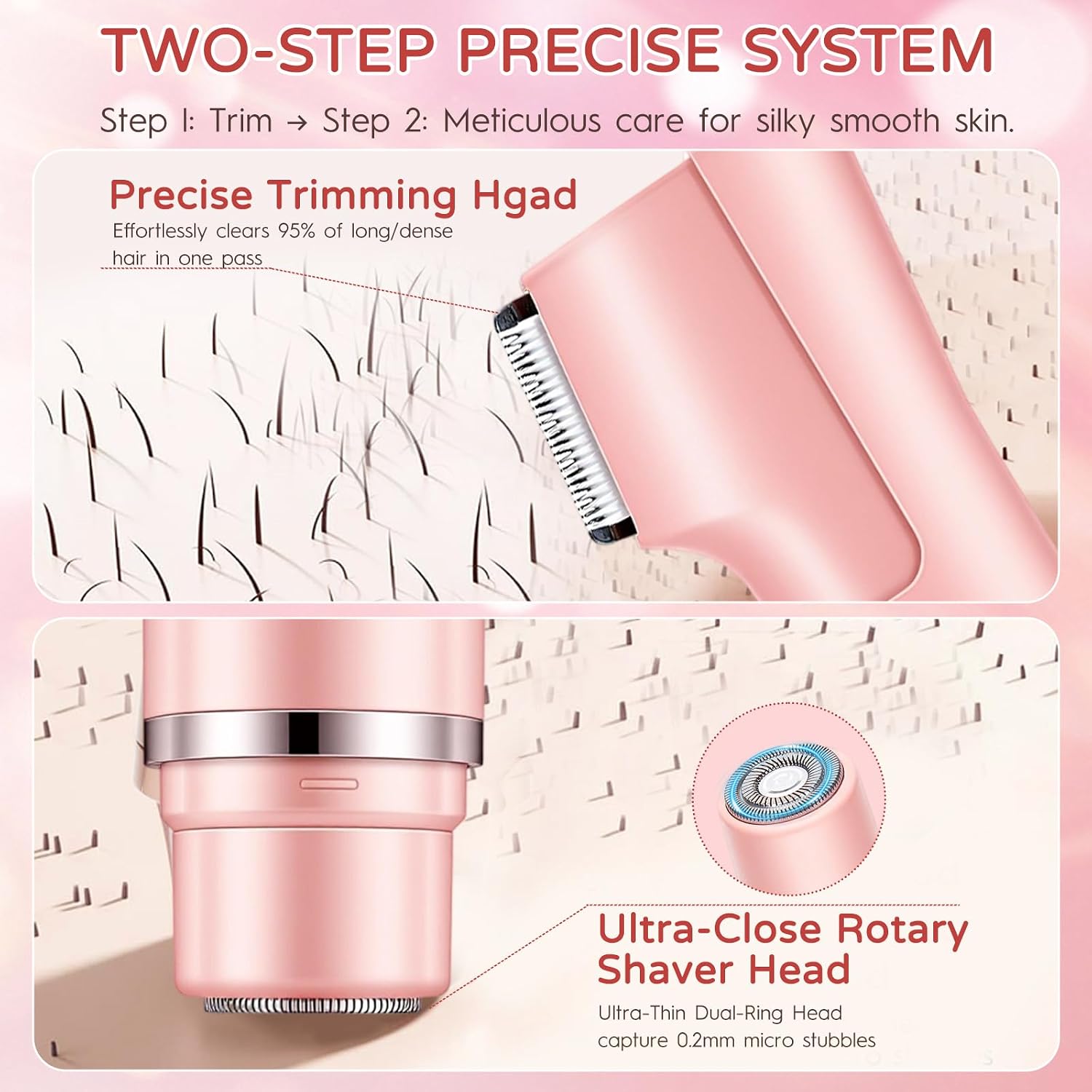 2-in-1 Electric Bikini Trimmer for Women, Dual Head Women’s Shaver & Razor, IPX7 Waterproof Cordless Hair Removal, Rechargeable Ceramic Blade Kit for Face Pubic Legs Underarm, Pink