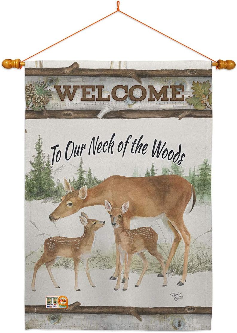 Neck Of The Woods House Flag Dowel Set Animals Wildlife Outdoor Deer Bear Wolf Pet Nature Farm Animal Creature Small Decorative Gift Yard Banner Made In USA 28 X 40