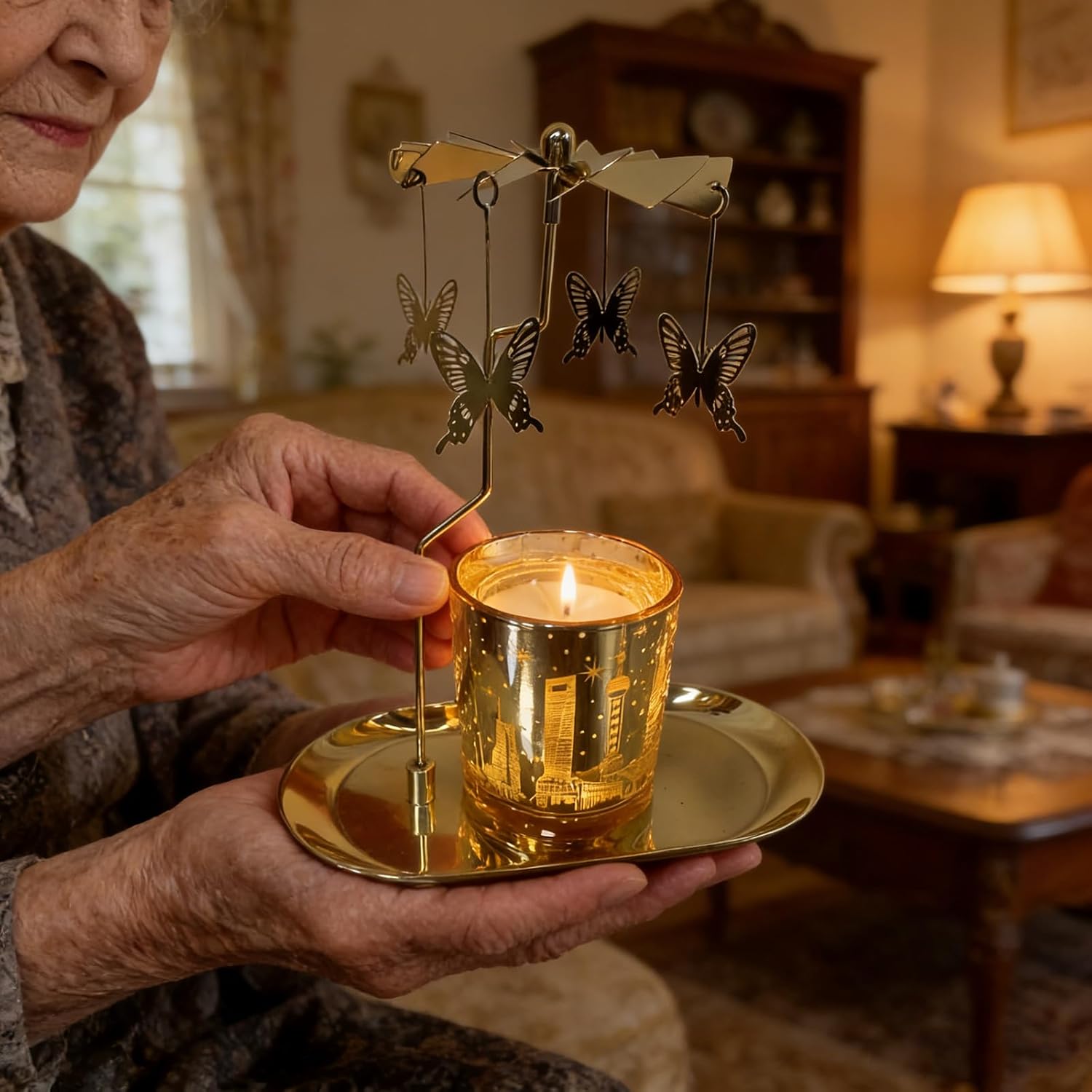 Carousel Candles Holder Rotary Aromatherapy Candle Gift for Women - Birthday, Mother's Day, Easter Present for Mom, Wife, Girlfriend, Sister, Mother-in-Law (Golden Butterfly)