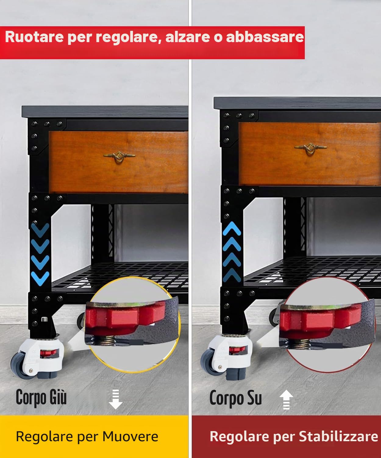 Ruote girevoli per carichi pesanti, abbassabili, regolabili in altezza, per banco da lavoro, ruote per mobili a scomparsa M10, set da 4 ruote industriali per carichi pesanti, capacità totale 1000 kg