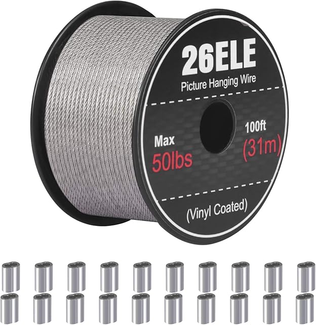 26ELE Picture Hanging Wire 50lb, Heavy Duty Stainless Steel Wire Rope for Hanging Picture Frame Mirror and Wall Art, Strong Metal Wire 100Feet with 20PCS Aluminum Crimping Sleeves