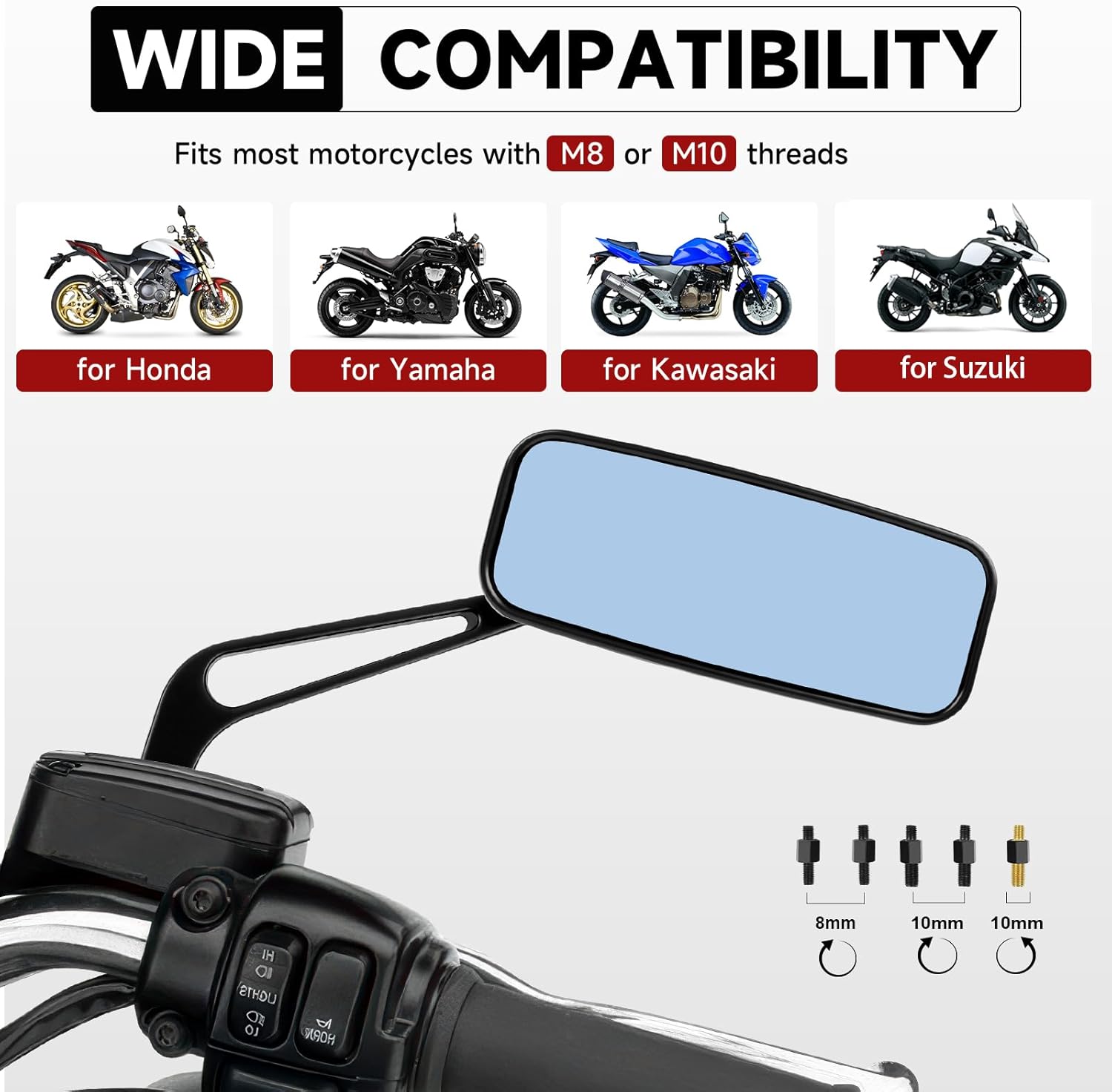 DREAMIZER Rectangle Motorcycle Mirrors Black - Universal 8MM 10MM Rearview Mirror Aluminum CNC Compatible with Honda Yamaha Suzuki Ruckus Grom Shadow Vstar650