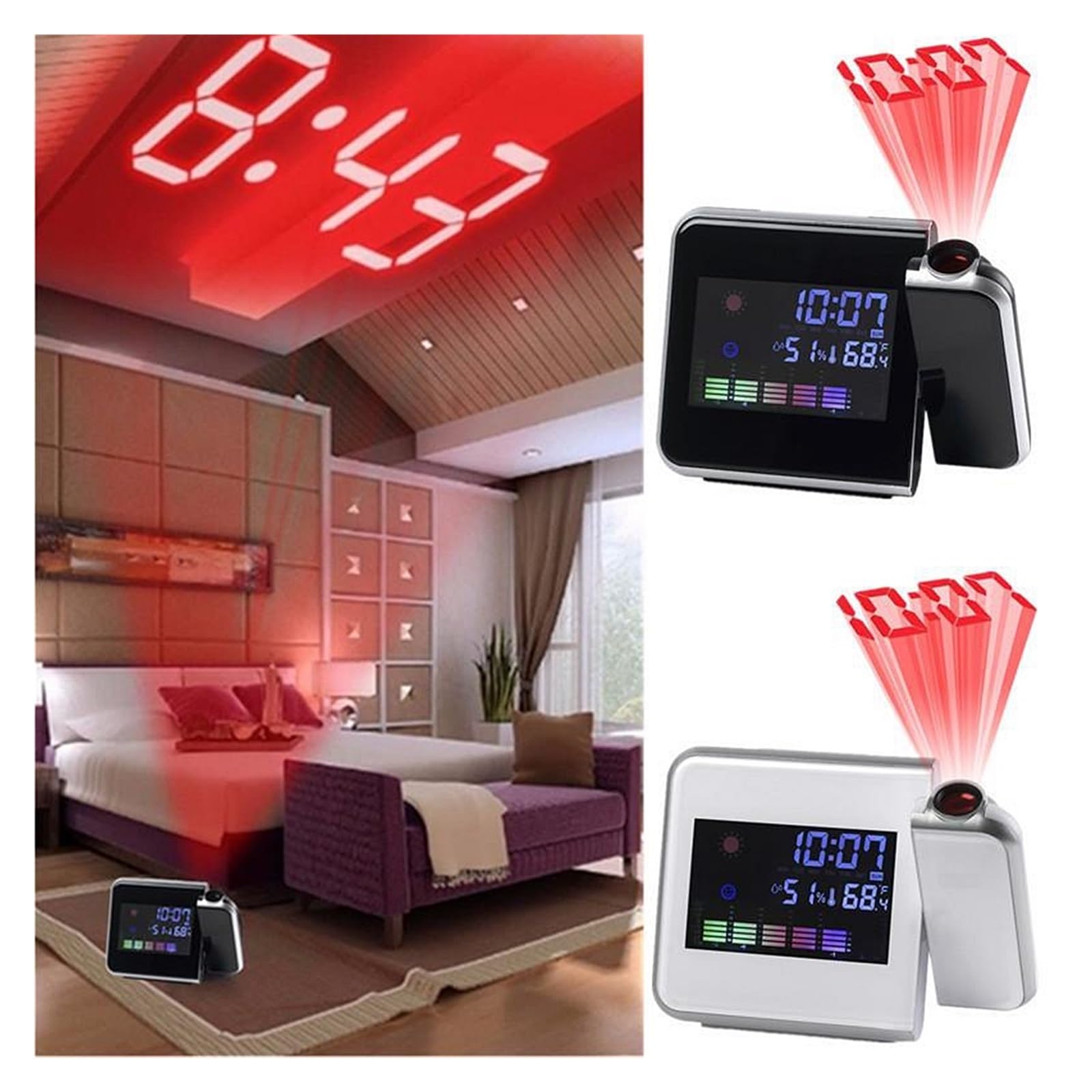 Proyector LCD Reloj Despertador Digital Temperatura Humedad Escritorio Sincronización Fecha Calendario Pantalla LED con Retroiluminación ProyeccióN Clara(Black)