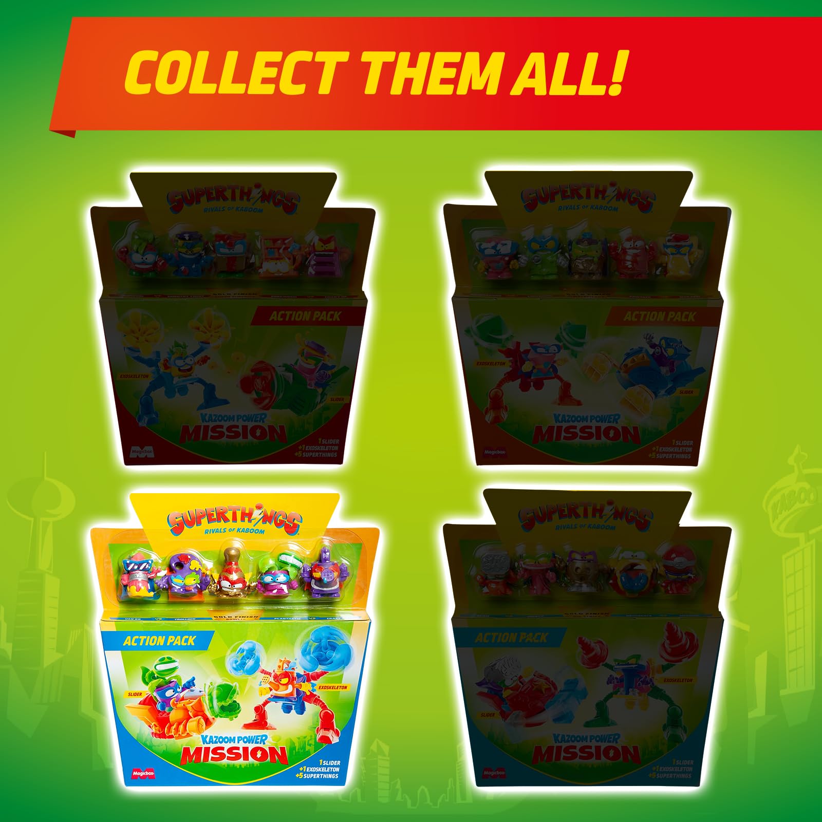 SUPERTHINGS KAZOOM Power Mission – Action Pack. Zestaw zawiera 5 figurek SuperThings (w tym 1 złoty SuperLider), 1 egzoszkielet, 1 slider – Zestaw 3 z 4