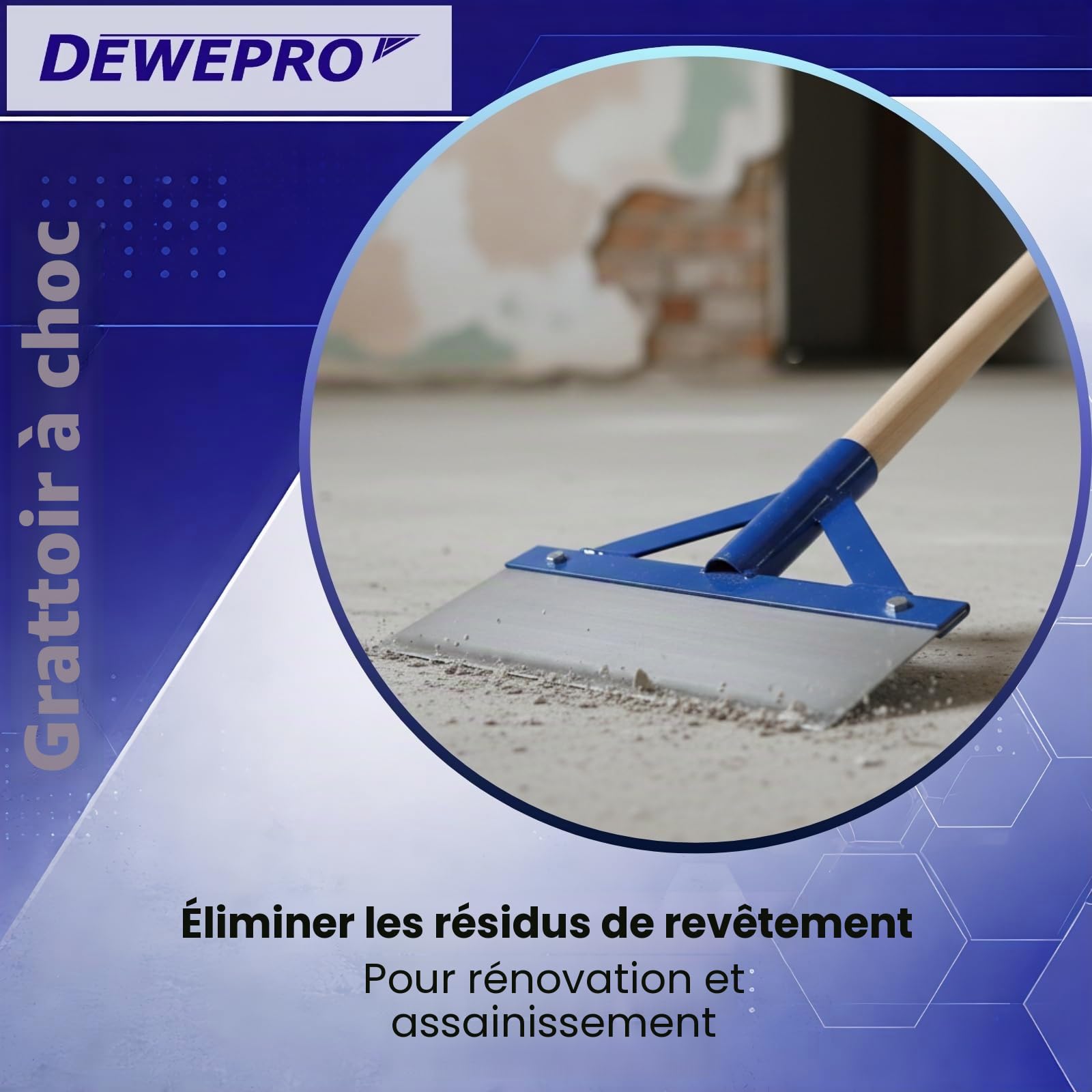 DEWEPRO Grattoir à choc avec manche en bois - Grattoir pour sol, goudron, plâtre, mortier – Très stable avec entretoises et lame en acier à ressort - Largeur : 300 mm - Longueur totale environ 137 cm. | Grattoir de sol robuste pour enlever la peinture, le