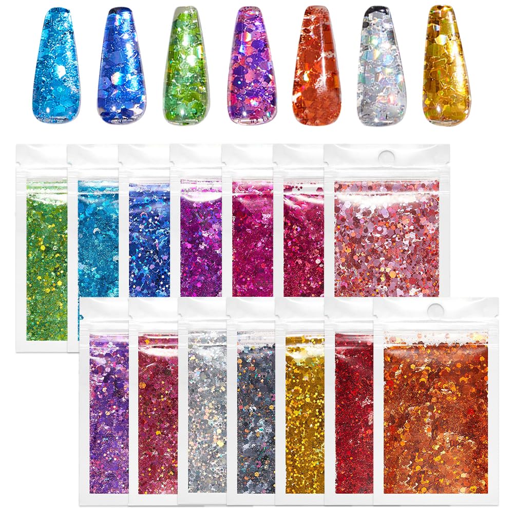 14 Colors Nail Art Glitter Nail Sequins Glitter Metallic Shining Flakes Hexagonal Sequins Manicure Tips Nail Sequins for Nail Art DIY at Home Nail Decorations