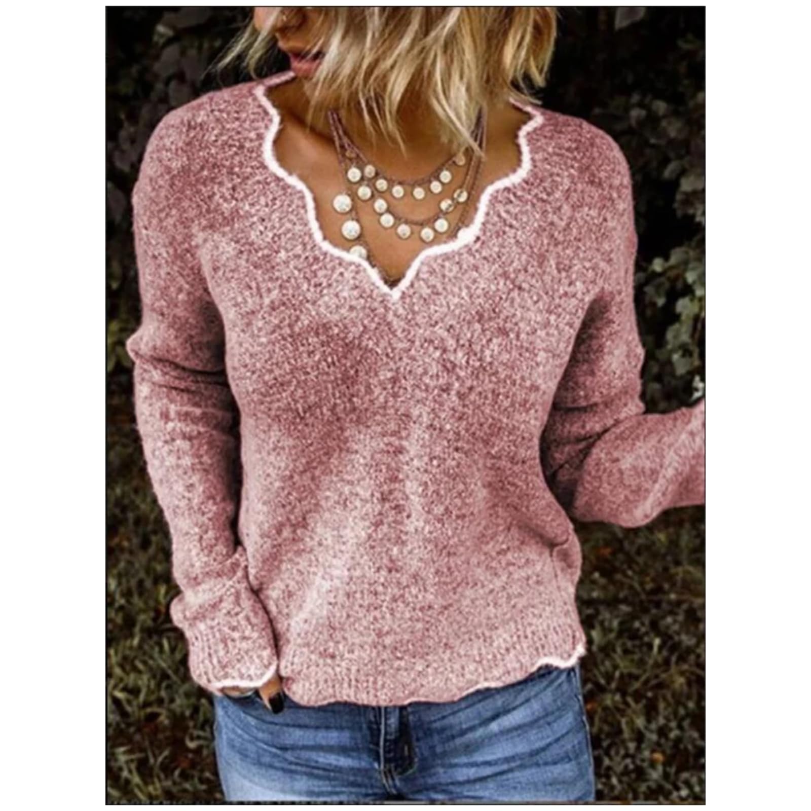 Sweter damski sweter sweter z dekoltem w serek z długim rękawem na co dzień luźny wygodny sweter sweter-różowy-XL