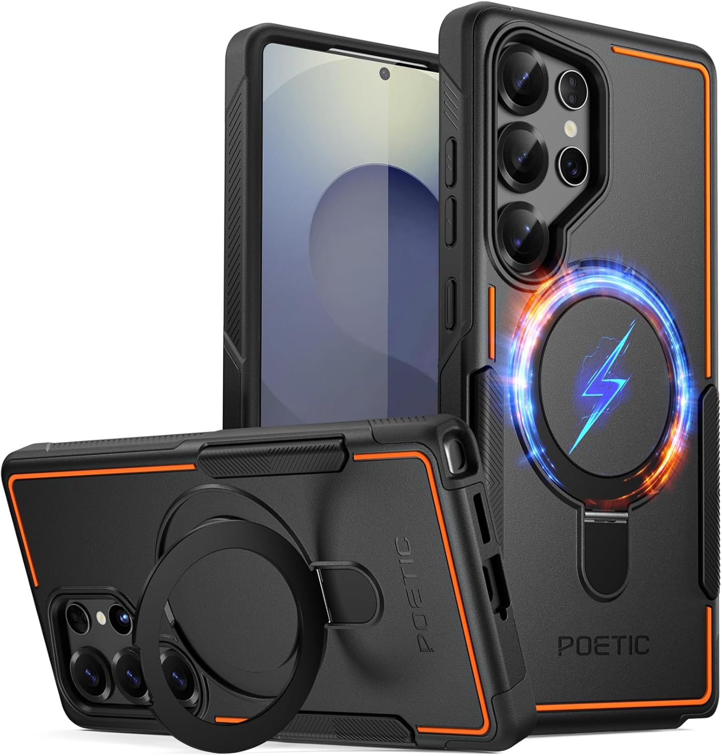 Poetic Neon MagPro Case for Samsung Galaxy S25 Ultra 5G, [Magnetic Ring Kickstand] Double Layer Rugged Slim Shockproof Protective Case, Black/Orange