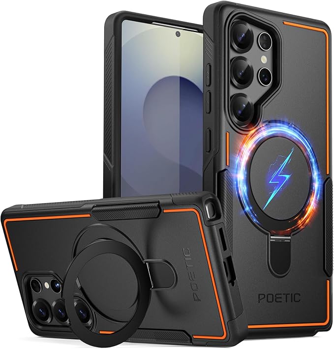 Poetic Neon MagPro Coque de Protection pour Samsung Galaxy S25 Ultra 5G [Support Anneau magnétique] Coque de Protection Double Couche Fine et résistante aux Chocs Noir/Orange