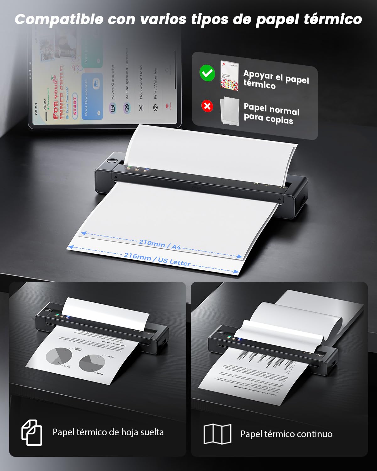 TATTMUSE Impresora Térmica Portátil A4 – Compatible con Tamaños A4/A5/B5, Conexión Bluetooth, Ideal para Estudio y Oficina, Impresión Monocromática, Viajar