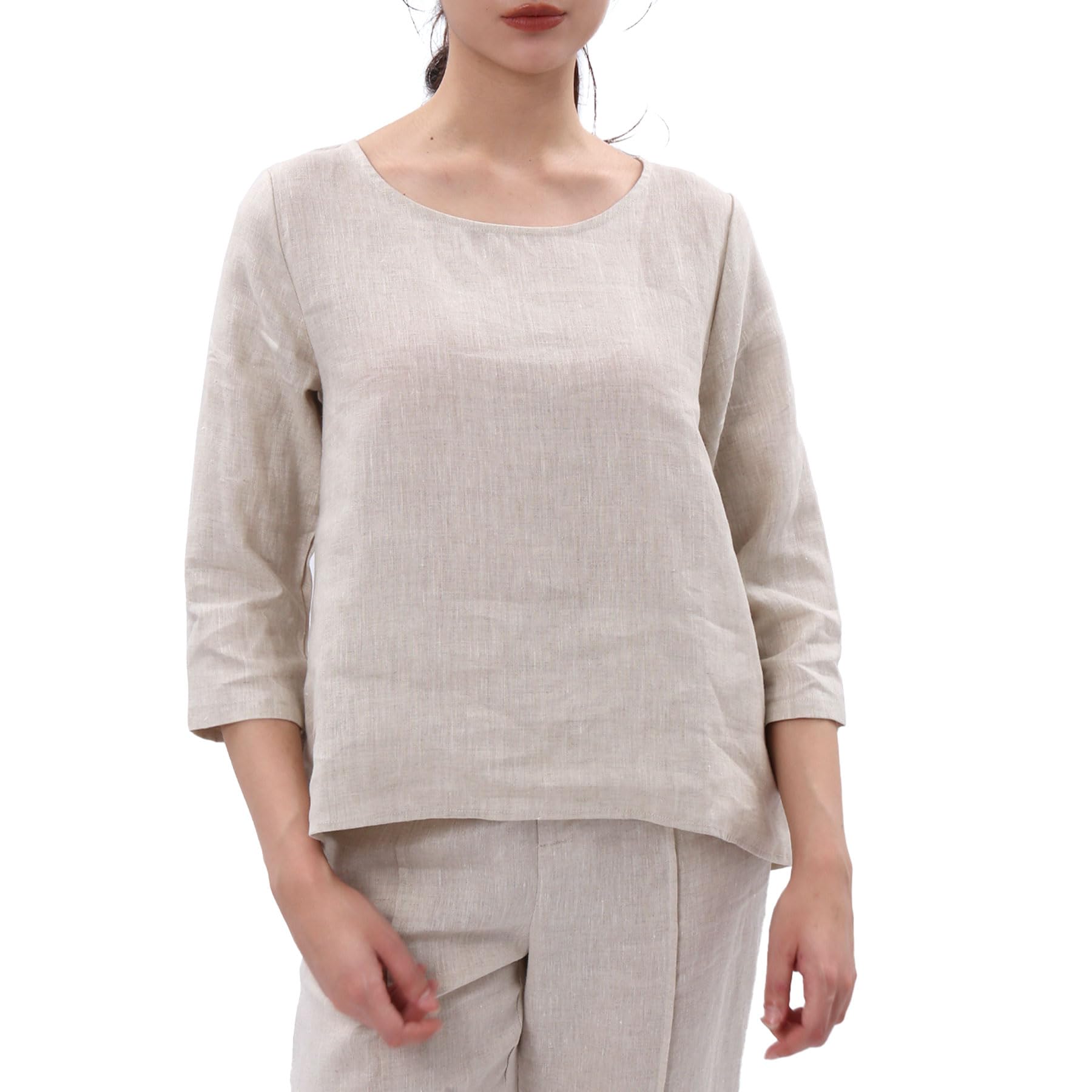 Blusa de lino de manga 3/4 para mujer, cuello redondo, estilo casual, holgada