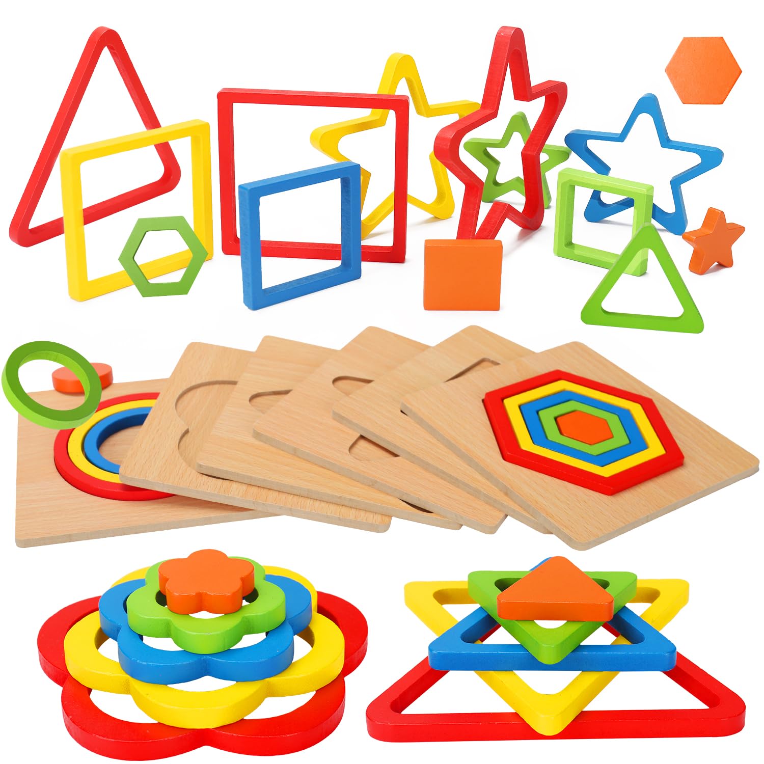 Photo 1 of AugToy Toddler Puzzles Montessori Toy Wooden Shape Sorting Puzzle Sensory Toy Toddler Activities Preschool Learning Educational Autistic Developmental 1 2 3 Year Old Girl Boy 1-3 Dementia Game Gift