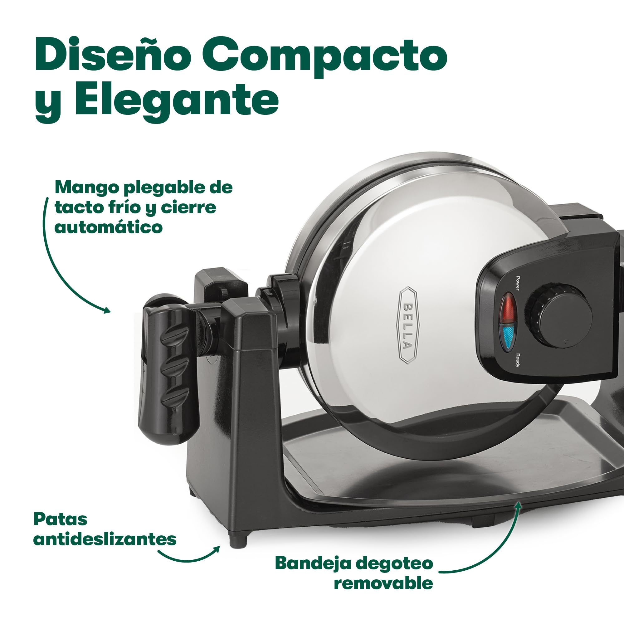 bella Gofrera para gofres belgas giratoria clásica con placas antiadherentes, bandeja de goteo extraíble, control de dorado ajustable y asas de tacto frío., Acero inoxidable