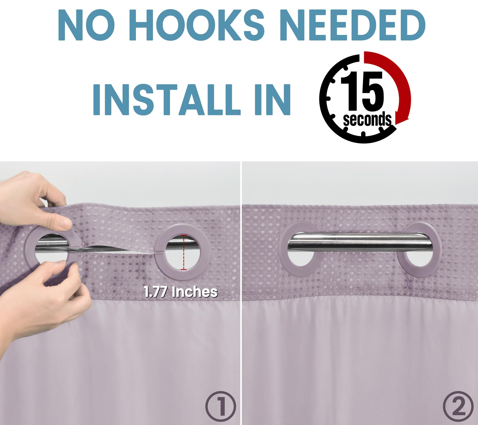 EUTXL Rideau de Douche sans Crochet avec Doublure à Clipser – 230 g/m² – Rideau de Douche à Tissage gaufré pour Salle de Bain – 180 x 188 cm (l x H)