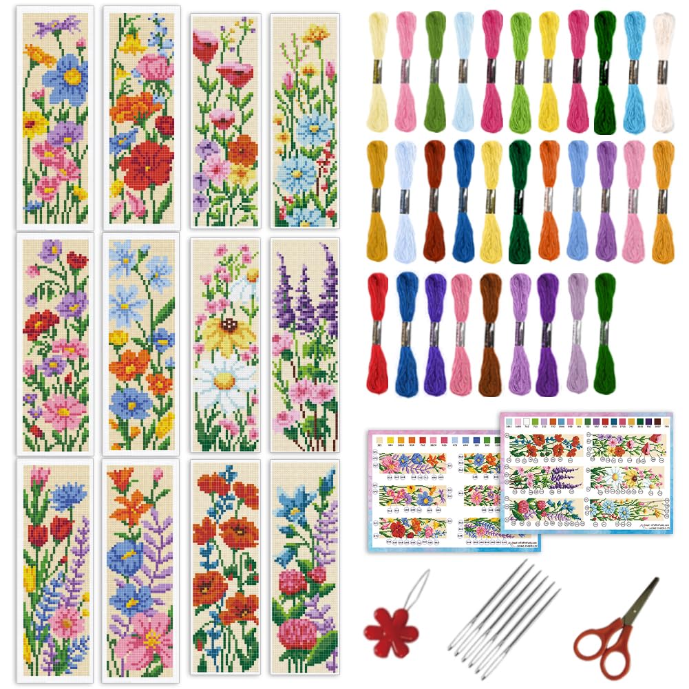 INFUNLY 12pcs Flower Cross Stitch Bookmark Kit for Beginners DIY Wildflowers Stamped Embroidery Bookmark Kits Floral Needlepoint Kit with Instruction Plant Easy Cross Stitch Set for Book Lovers Reader