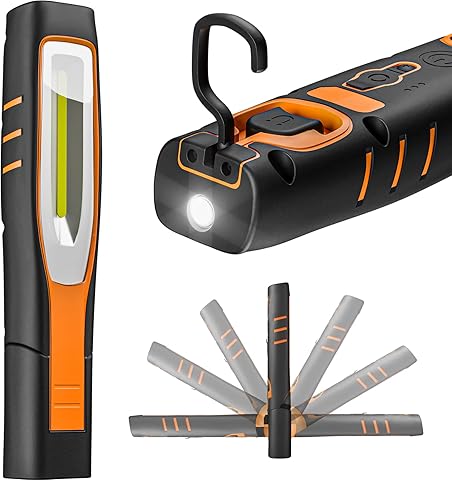 ENUOTEK Lampara Linterna de Trabajo de Mano Taller, IP65 COB LED Lampara 7W Recargable Portatil Muy Potente, con Bateria de Litio 2600mAh, Imanes Potentes y Dos Ganchos